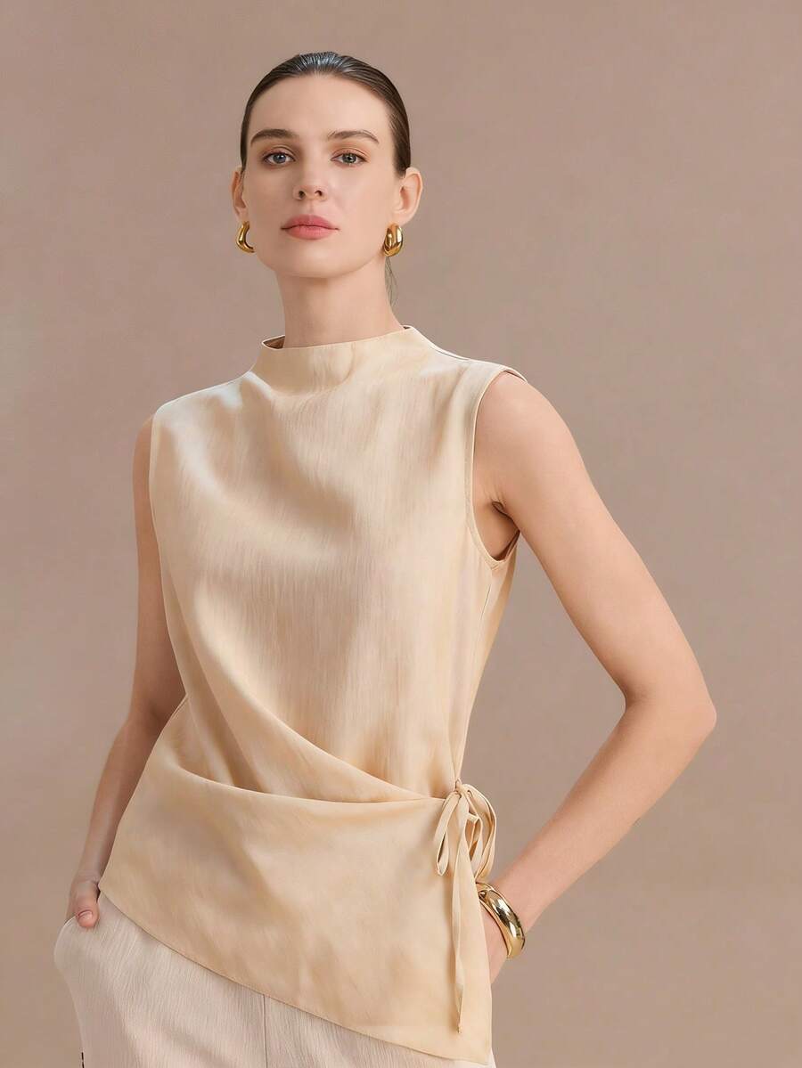 Uhlyne Áo kiểu nữ thanh lịch, không tay, chất liệu giả vải lanh, thắt nơ phía trước, xếp ly, thích hợp cho mùa xuân, hè và thu. - Vàng nhạt - Xem 1