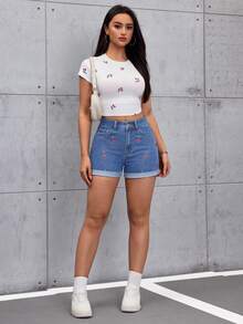 SHEIN ICON 女士水果刺绣可折叠下摆宽松牛仔短裤 - 淺色水洗藍 - 查看 3