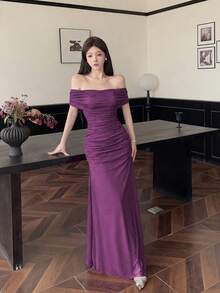 Modelyn 紫色女士网纱波点印花露肩褶皱腰身优雅婚礼/约会连衣裙 - 紫色 - 查看 5