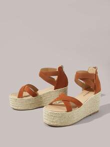 Styleloop Ladies, Straw Twine Cross-Strap Lame Heel Platform Sandals, Vacation Atmosphere, Summer Wear, Travel Essentials - Brown - View 2