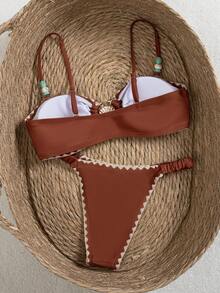 Swim Chiccia 2pcs/Set Women's Tankini Swimsuit, Caramel & Burgundy Color, Shell Decor Beaded Embroidered Trim, Adjustable Strap, Vintage , Suitable For Swimming, Beach, Pool Party - Rust Brown - View 3