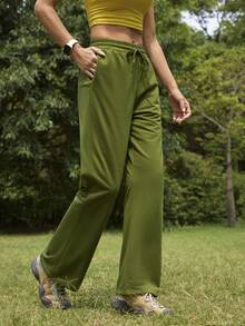 Exploreva Quần thể thao nữ màu trơn, cạp chun, dây rút, ống thẳng, có túi. - Màu xanh Ô liu - Xem 3