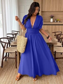 Weeklong Plus Size Solid Color Short Sleeve Cinched Waist Shirred Split Hem Summer Dress - Royal Blue - View 3