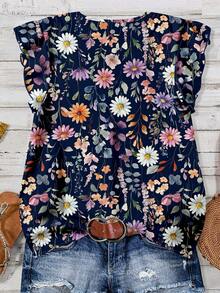 SHEIN VCAY Camicia casual minimalista con stampa floreale ad acquerello di margherite, adatta per l'estate, taglie comode - Multicolore - Visualizzare 2