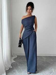 SHEIN PETITE Bộ trang phục thường ngày mùa xuân/hè mới dành cho nữ, đa năng cho đi nghỉ mát, dự tiệc và đi làm - Áo cổ bất đối xứng màu xanh biển đậm và quần ống rộng cạp cao ôm dáng. - Màu xanh hải quân - Xem 6