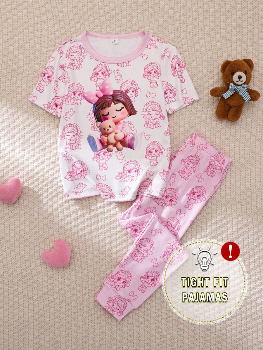 SHEIN Bộ đồ ngủ 2 mảnh dễ thương, thoải mái cho bé gái, họa tiết mây, sao, trăng, kẻ caro, gồm áo tay ngắn và quần legging. - Nhiều màu - Xem 1