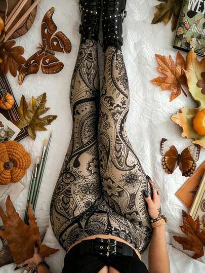 Whyspr Quần legging co giãn in hoa cổ điển cỡ lớn, thích hợp cho mùa thu.