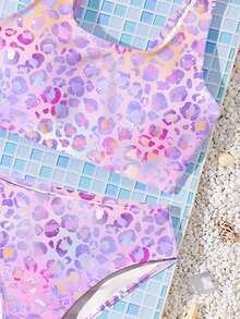 少女休闲简约印花吊带背心和三角比基尼泳衣套装，适合夏季穿着 - 彩色 - 查看 7