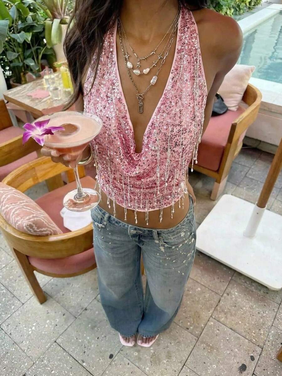 Serisse 女士夏季流苏亮片露背吊带背心，Y2K法式水钻亮片粉色露背流苏背心，性感深V领，适合派对/夜店/度假穿着，夏季女装，夏季上衣，派对上衣，优雅女士衬衫，女士度假装，女士沙滩装，亮片上衣，荷叶边上衣，粉色亮片露背吊带背心 - 粉色 - 查看 1