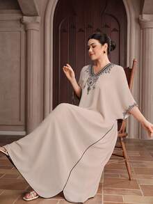 Graceveil Đầm nữ cổ chữ V dáng rộng thanh lịch xẻ tà cho mùa hè - Màu be - Xem 7