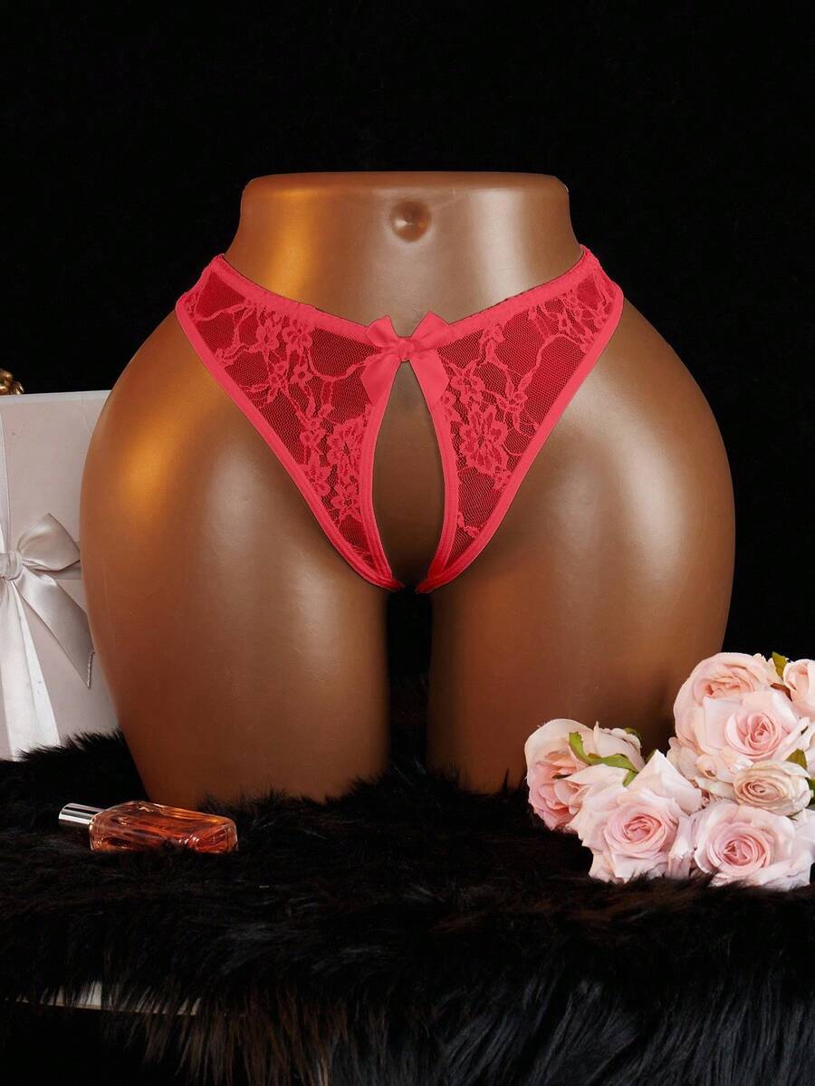 SHEIN Women's Red Lace Butterfly Decor Sexy Open Crotch Red Lace Panties - Burgundy - View 1