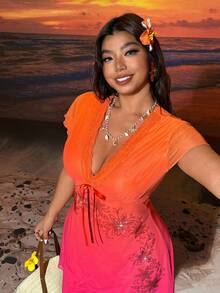 SHEIN EZwear 大码V领扎染波西米亚风度假连衣裙，春夏款 - 彩色 - 查看 7