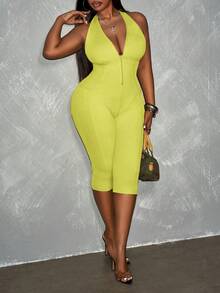 Slaydiva Spring/Summer New Avocado Green Sleeveless Halter Tie-Knot Deep V-Neck Partial Cutout Design High Stretch Ribbed Knit Fabric Plus Size Women Jumpsuit - Yellow - View 7