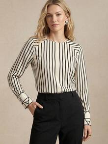 SHEIN BIZwear 女士竖条纹圆领衬衫，都市通勤办公商务休闲优雅正式上衣 - 彩色 - 查看 11