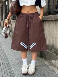 Coolane 女款夏季街頭風保守運動休閒學院風返校運動休閒風沙灘棕色條紋鬆緊腰紋理針織短褲 - 咖啡棕 - 查看 5