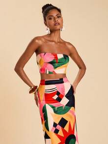Travachic Women's Geometric Print Cropped Bandeau Top & Mini Skirt 2 Pieces Set, Vacation - Multicolor - View 6