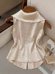 GlowEve CURVE Plus Size Elegant Lapel Sleeveless Button-Up Shirt - Apricot - View 2