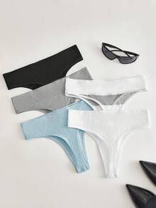 5件套女士无痕丁字裤，简约字母设计运动内衣，塑身提臀 - 彩色 - 查看 2