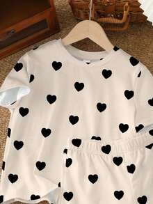 2pcs Tween Girls Casual Minimalist Short Sleeve Shorts Set, Classic Heart Polka Dot Print, Suitable For Summer Zoey Outfit Cute Tops Heart Pattern Clothes Cute Tops For Teen Girl Heart Print Top - Multicolor - View 5