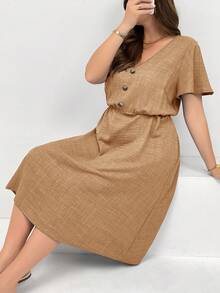 Shapeblank Vestido casual de verano holgado y cómodo para mujer de talla grande, de longitud media con bolsillos, cuello en V, mangas cortas, estilo europeo de verano, adecuado como atuendo - Caqui - Ver 6