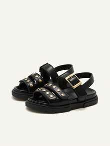 Cozy Pixies A Pair Of Fashionable Versatile Retro Roman Sandals, Girls' Black Rivet Open-Toed Sandals, Cool Summer Soft-Soled Versatile Princess Shoes, - Black - View 3