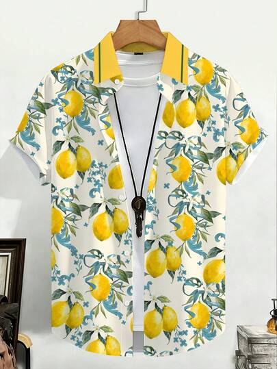 Manfinity RSRT Camisa de manga corta con estampado de limón para hombre, camisa de limón, camisa de vacaciones para hombre, camisa casual para hombre, estilo de vacaciones en la playa, excelente para vacaciones y viajes, atmósfera refrescante, versátil y elegante