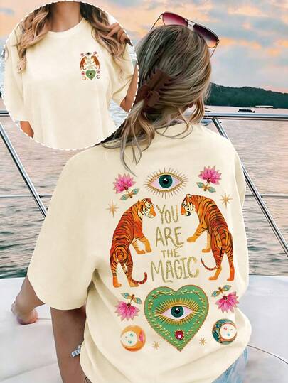 EMERY ROSE Camiseta casual de mujer, Camiseta de arte de tigre misterioso - Camiseta surrealista, Camiseta de tigre rosa y dorado