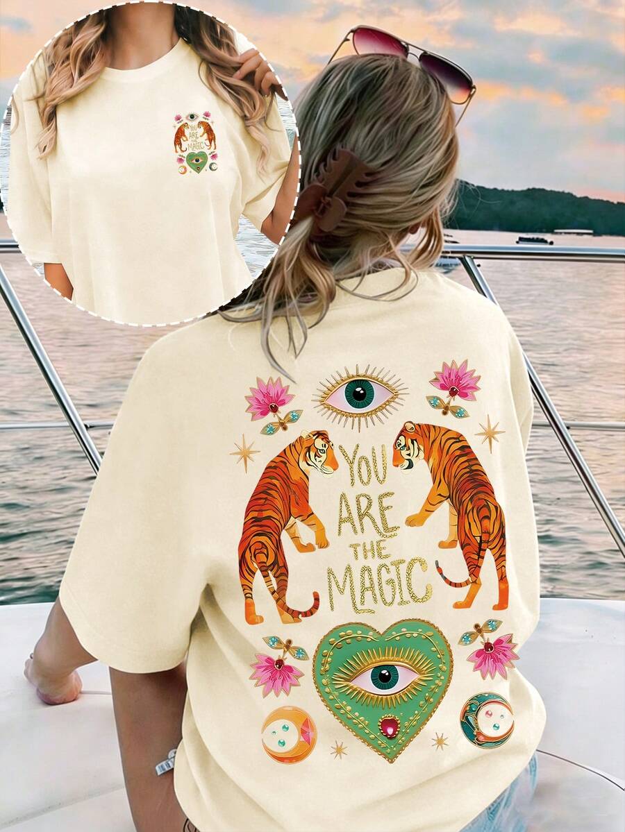 EMERY ROSE Women's Casual T-Shirt, Mysterious Tiger Art T-Shirt - Surrealism T-Shirt, Pink And Gold Tiger T-Shirt - Apricot - View 1