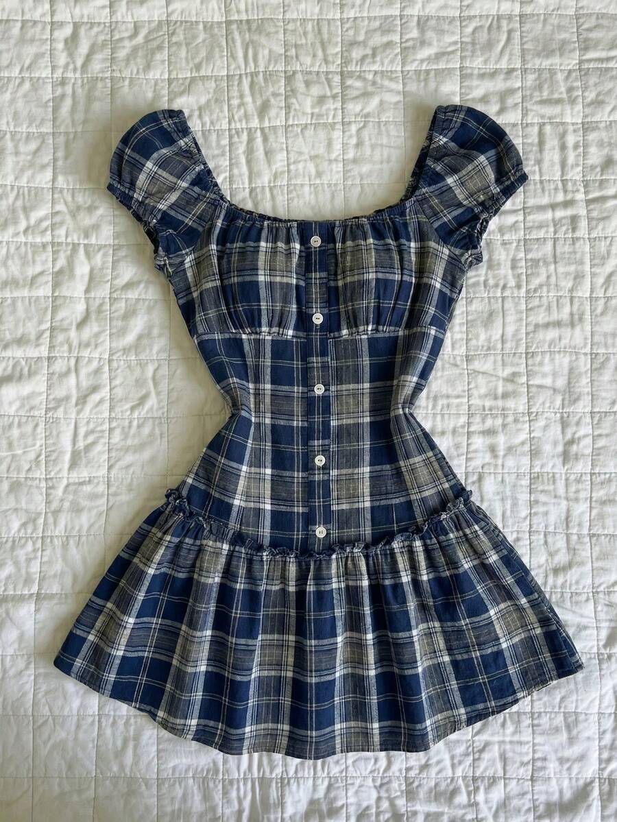 Elamini 女士藏蓝色格子方领短袖迷你连衣裙，学院风，百搭休闲装 - 藏蓝色 - 查看 1