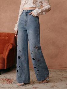 Anewsta Quần jeans ống rộng dáng suông thêu ren đính đá, thời trang mới mùa xuân/hè dành cho nữ, thích hợp mặc hàng ngày đi làm. - Màu xanh lam - Xem 3