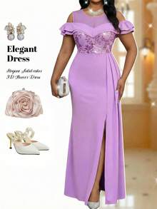 Fleurora Plus Size Women Elegant Purple Floral Sequin Patchwork Ruffle Off-Shoulder Dress,Summer Wedding Guest Chic Evening Formal Party Graduation Outfits - Purple - View 1