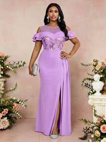Fleurora Plus Size Women Elegant Purple Floral Sequin Patchwork Ruffle Off-Shoulder Dress,Summer Wedding Guest Chic Evening Formal Party Graduation Outfits - Purple - View 6