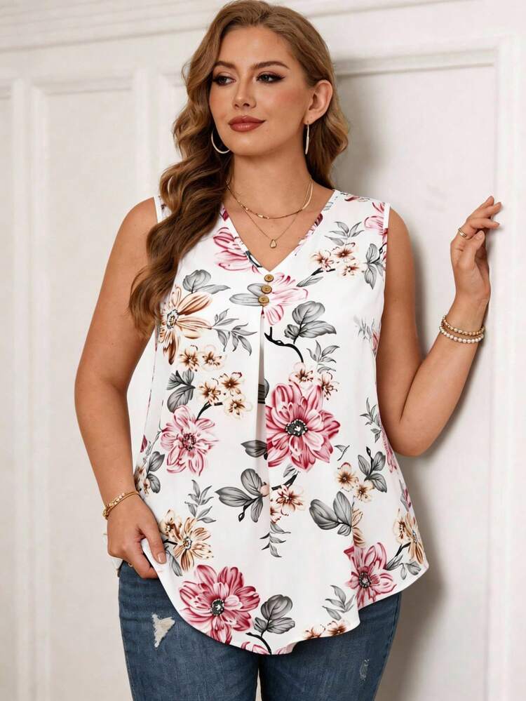 Plus Size Women Print V-Neck Tank Floral Blouse For Spring, Summer,Flower/Vacation