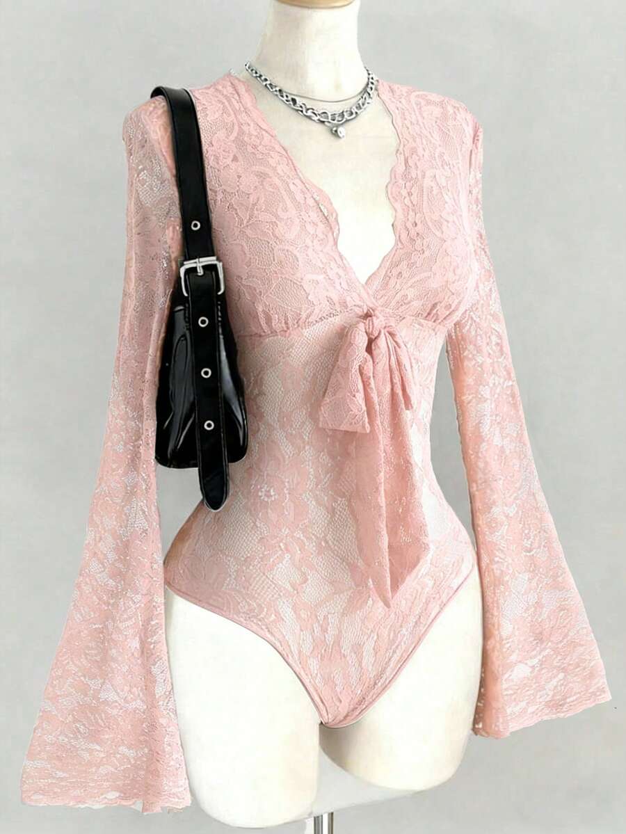 SHEIN LUNE 性感时尚紧身深V领长喇叭袖蕾丝边系带连体衣,酒红色,秋冬款 - 粉色 - 查看 1