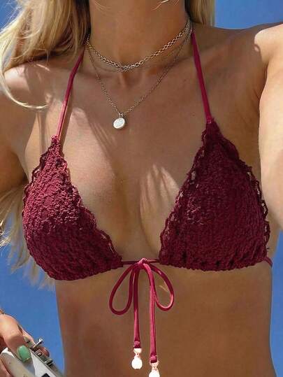 Swim Mod Women's Summer New Beach Vacation Cute Floral Tie Strap Triangle Bikini Top, Sexy Backless Swimsuit With Mesh Fabric