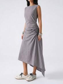 LYSMO 女士夏季休闲度假风印花抽绳腰褶皱无袖连衣裙，夏季连衣裙，春季服装 - 彩色 - 查看 4