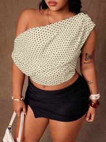 Rustia Plus Size Elegant Polka Dot Asymmetrical Shoulder Ruffle Blouse, Spring/Summer - Apricot - View 3