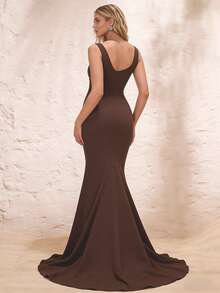 Glamine Women's Solid Color Pleated Elegant Waist Formal Dress - Brown - View 6