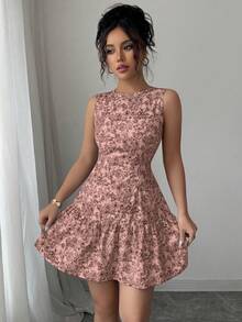 Selianne Bohemian Style Elegant Floral Print Sleeveless Belted Mini Dress, Suitable For Graduation Season, Festivals And Summer Wear, Spring/Summer - Pink - View 6