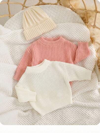 SHEIN 2pcs Newborn Baby Girl Cute Versatile Solid Color Long Sleeve Sweater, Autumn/Winter Fall