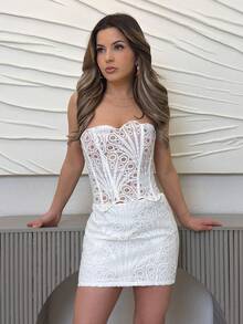 Jemour 新款休闲度假西部海滩婚礼宾客着装返校早午餐毕业圣帕特里克节春假复活节音乐节优雅波西米亚热带纹理镂空露背系带设计婚礼派对露脐上衣两件套女装 - 白色 - 查看 5