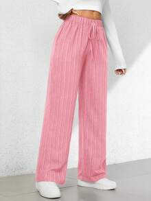 SHEIN PETITE 夏季休闲纹理阔腿七分裤 - 粉色 - 查看 7