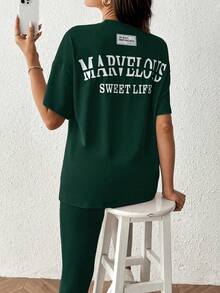 SHEIN 2pcs Maternity Letter Print T-Shirt And Leggings Set - Dark Green - View 2