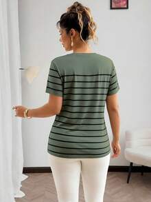 Vionelle Plus Size Round Neck Striped Short Sleeve T-Shirt Graphic Tees Women Tops - Green - View 2