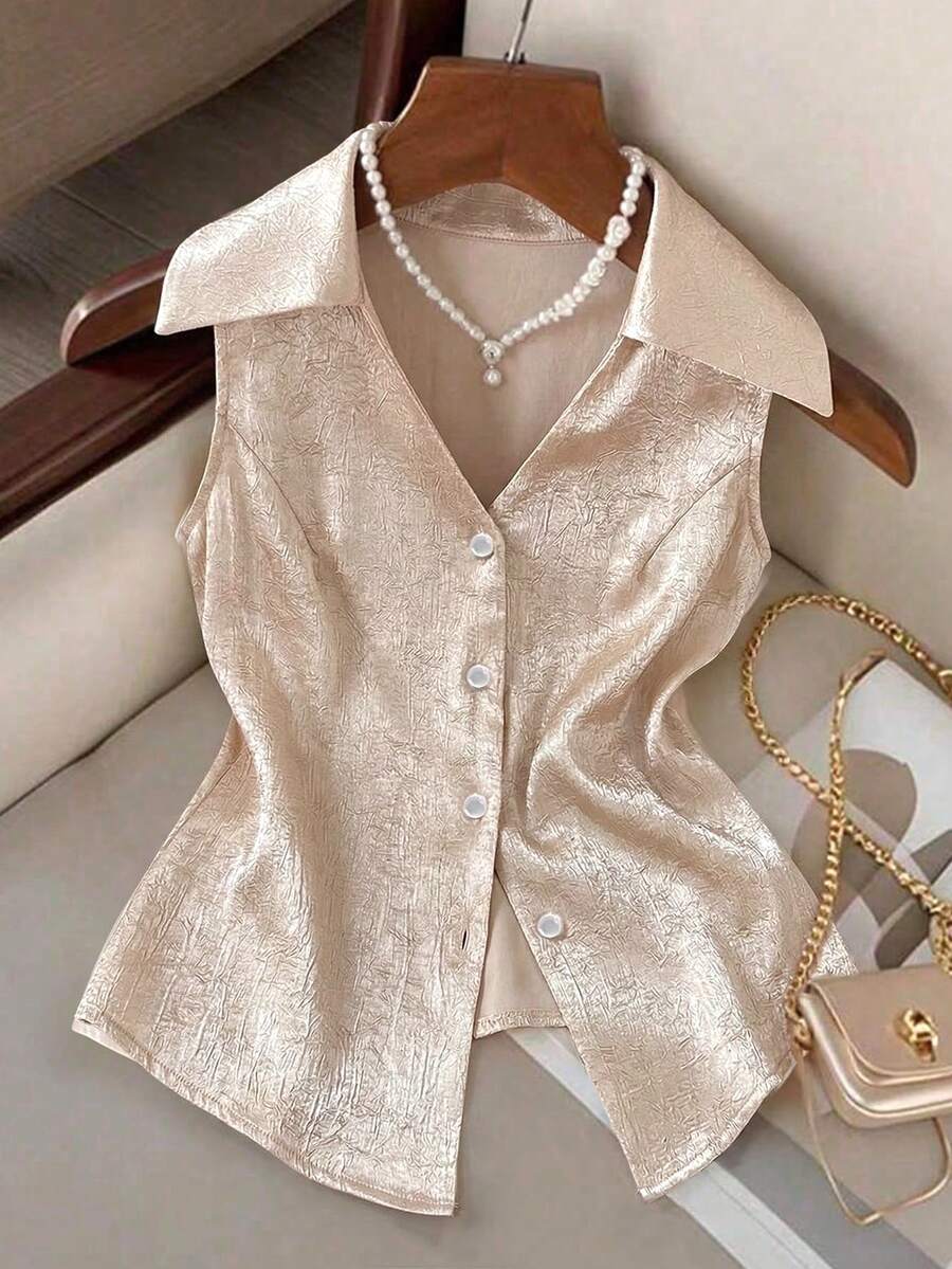 GlowEve CURVE Plus Size Elegant Lapel Sleeveless Button-Up Shirt - Apricot - View 1