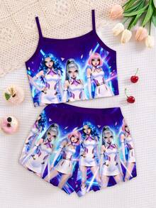 SHEIN 2件套少女时尚K-POP女团字母星星印花套装，彩色卡通人物印花，扎染工艺，韩流粉丝礼物，男女童装，吊带背心和短裤夏季套装 - 彩色 - 查看 2