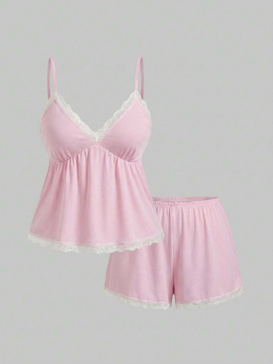Kawaii Plus Size Sweet & Cute Doll Style Ribbed Lace Camisole & Shorts Pajama Set - Pink - View 1