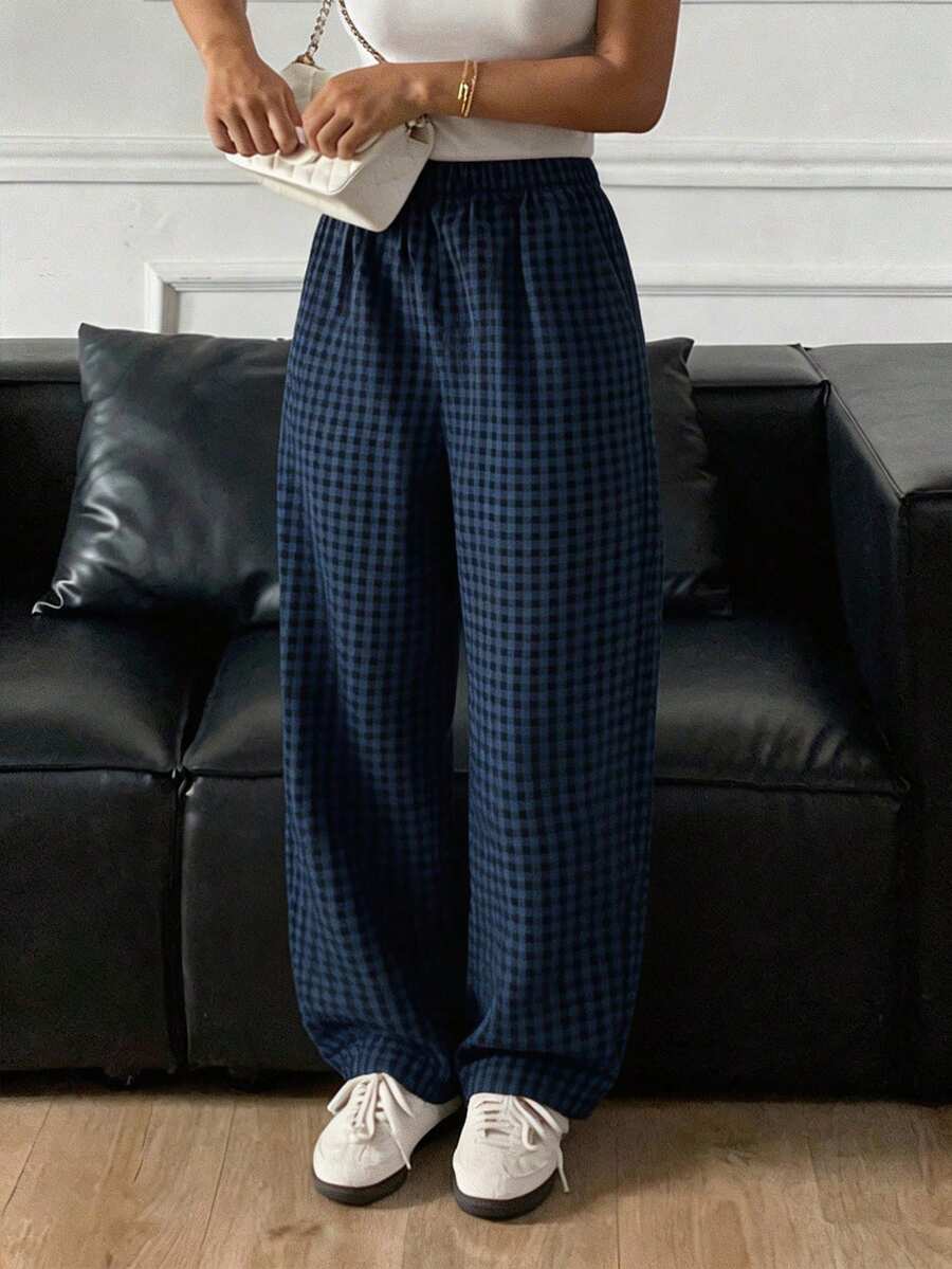 DAZY Minimalist Gingham Wide-Leg Loose Pajama Pants, For Fall, Winter - Navy Blue - View 1