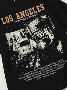 ROMWE MEN Street Life Áo thun ngắn tay cổ tròn in họa tiết phong cách đường phố, thích hợp cho mùa xuân/hè. - màu đen - Xem 5