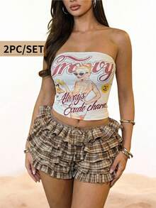 Radiana Women's 2-Piece Set:Retro American Graphic Bandeau Top & Plaid Layered Ruffle Bow Mini Shorts,White And Brown,Summer,Street Wear Y2k,Club Night,Chic - Multicolor - View 7